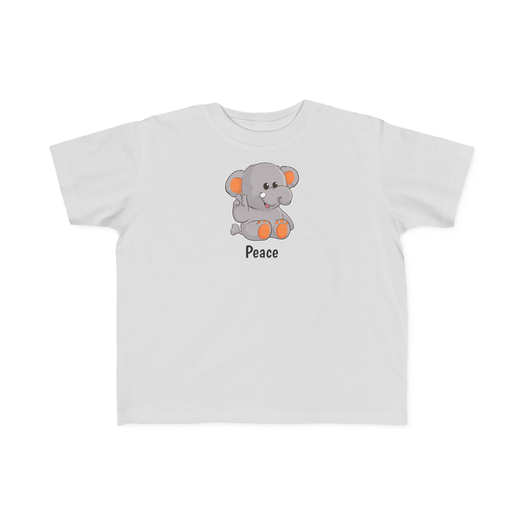 A short-sleeve grey shirt with a picture of an elephant that says Peace.