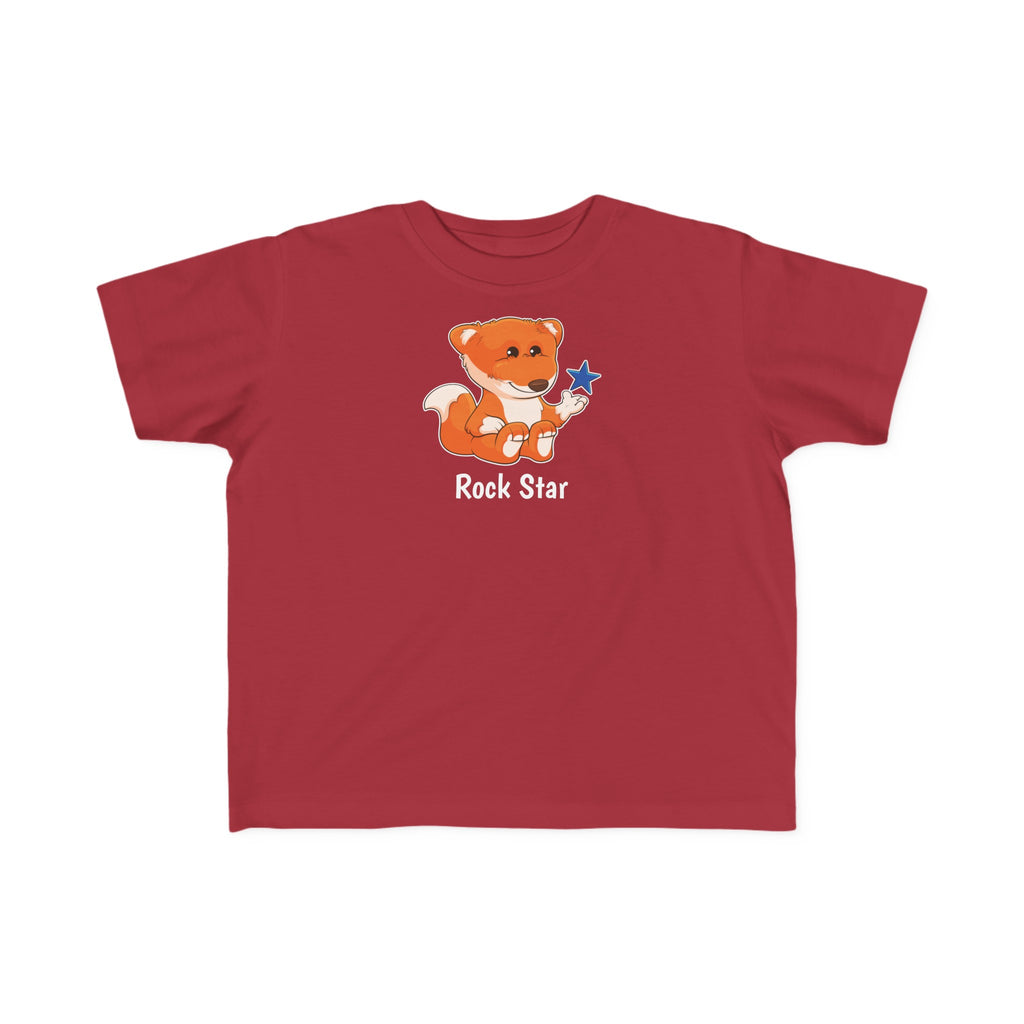 A short-sleeve garnet red shirt with a picture of a fox that says Rock Star.