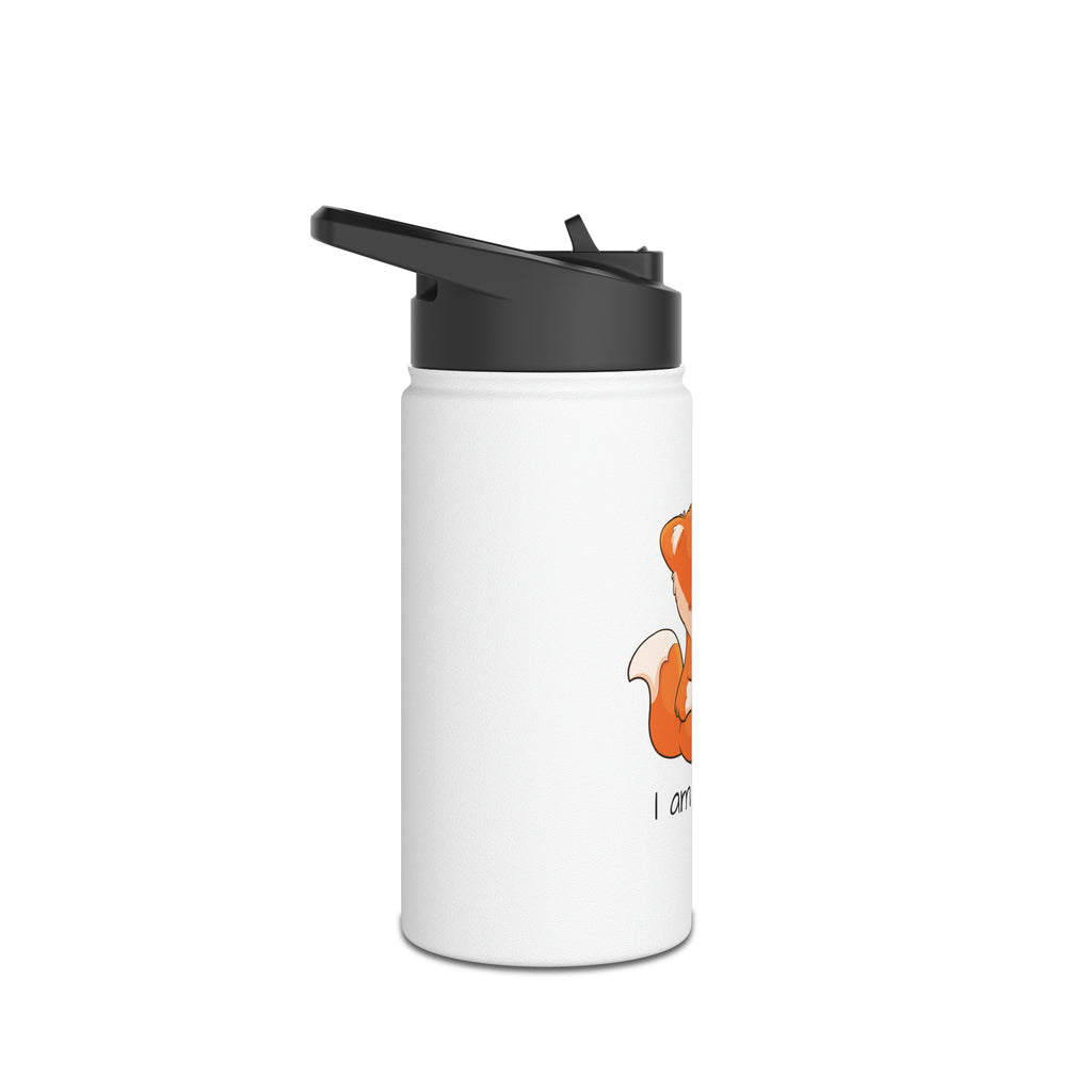 Side-view of a 12 ounce white stainless steel water bottle with a black screw-on lid. The bottle features a picture of a fox that says I am a star.