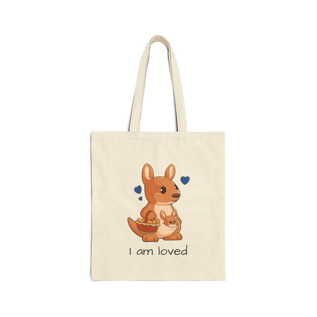 A natural tan tote bag with a picture of a kangaroo that says I am loved.