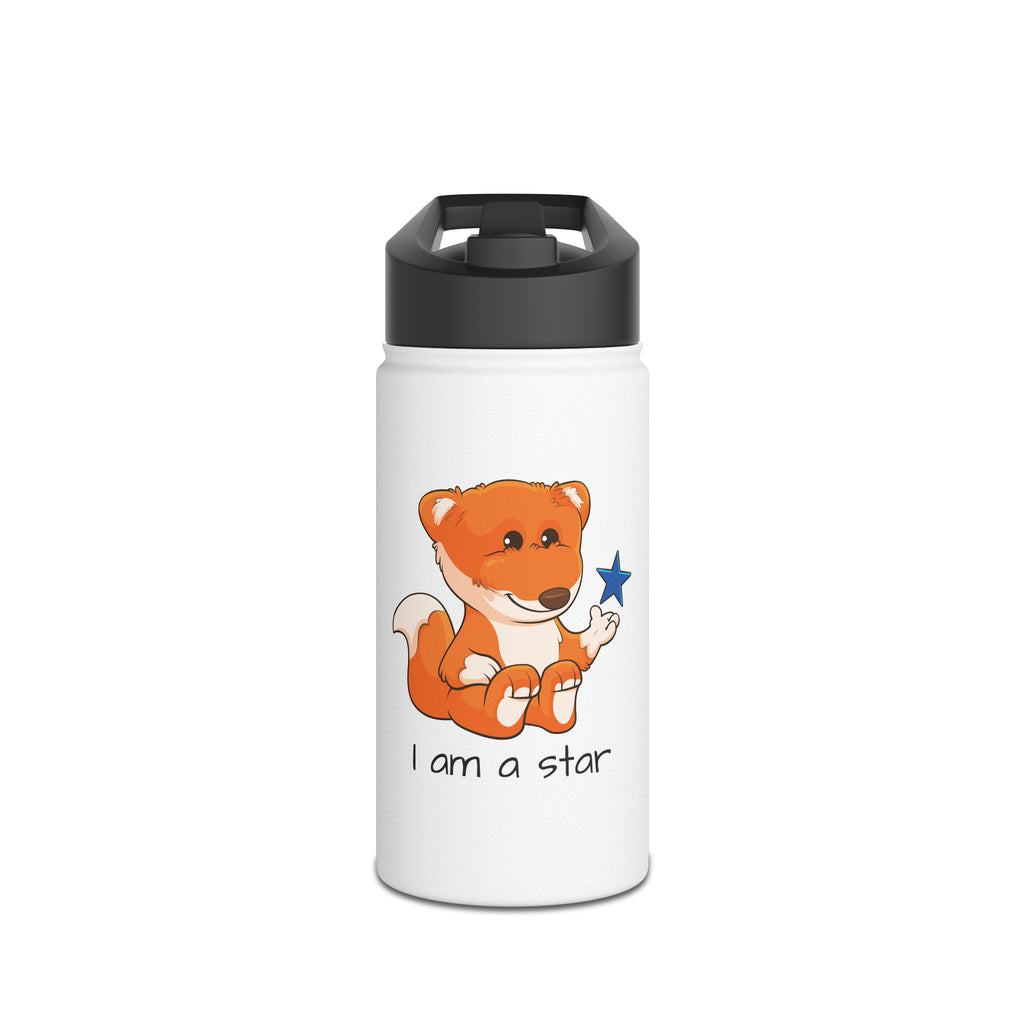 A 12 ounce white stainless steel water bottle with a black screw-on lid. The bottle features a picture of a fox that says I am a star.