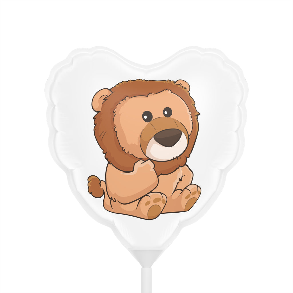 A heart-shaped white mylar balloon on a stick with a picture of a lion.