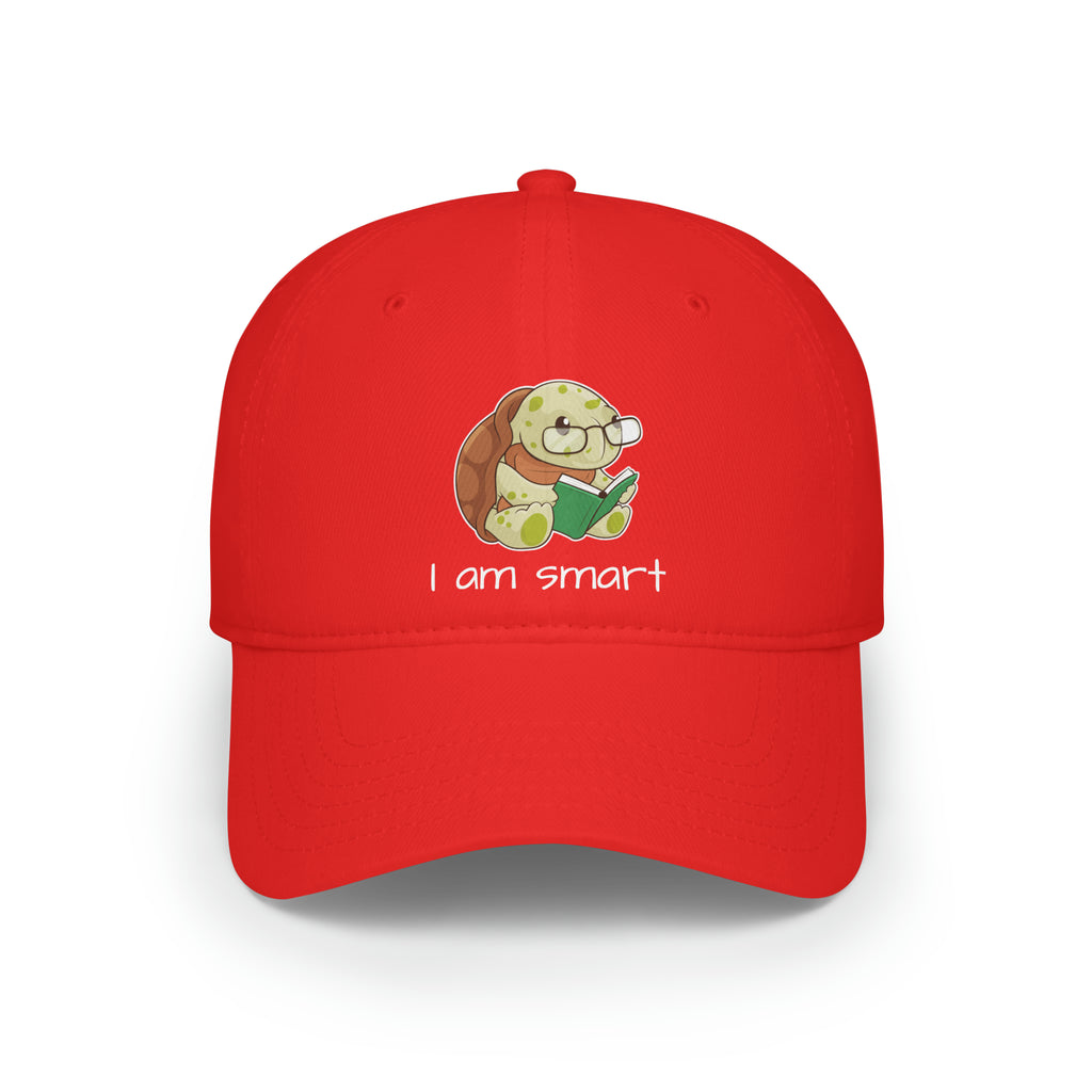 Front-view of a red baseball hat with a picture of a turtle that says I am smart.