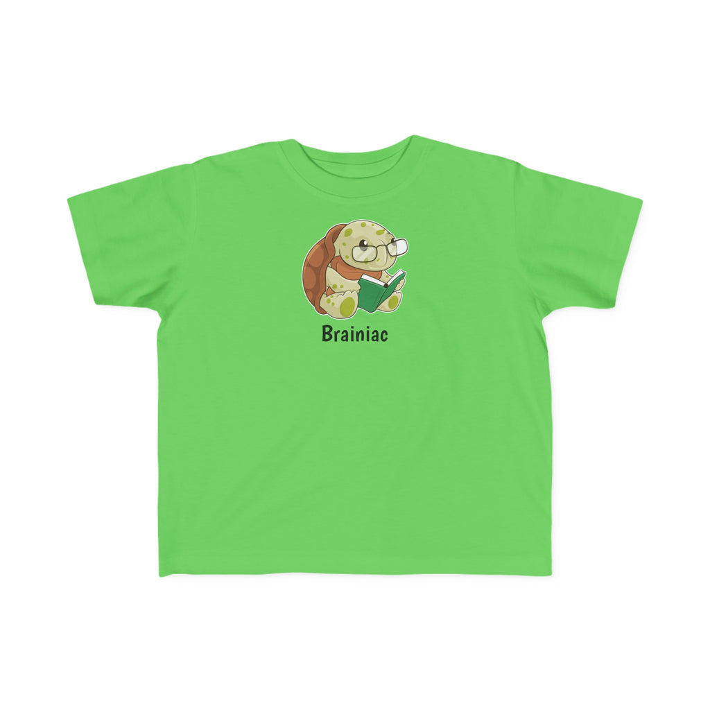 A short-sleeve green shirt with a picture of a turtle that says Brainiac.