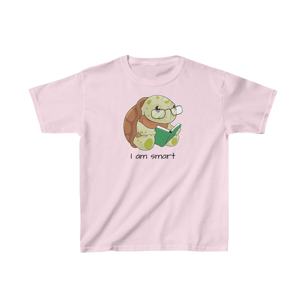 A short-sleeve light pink shirt with a picture of a turtle that says I am smart.