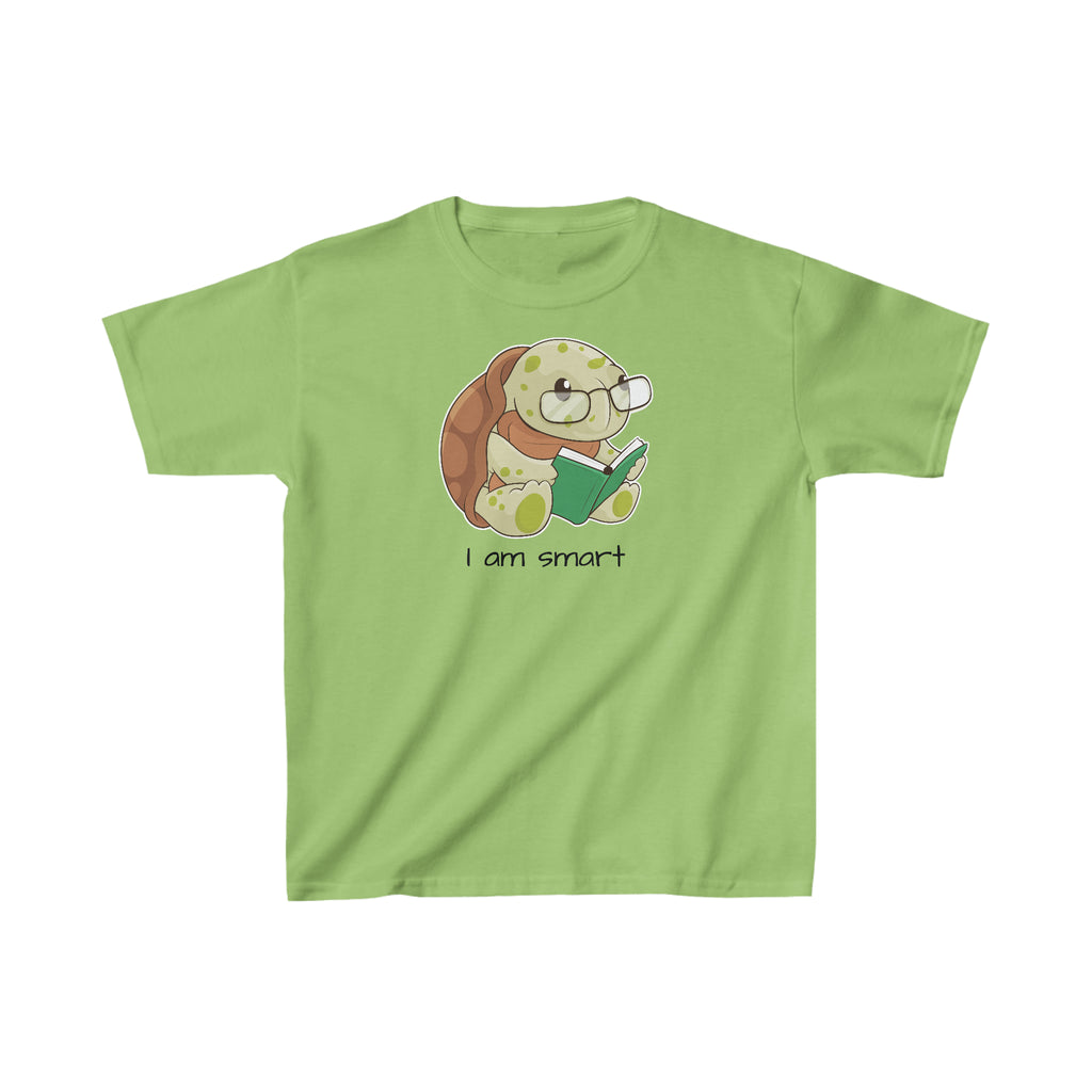 A short-sleeve lime green shirt with a picture of a turtle that says I am smart.