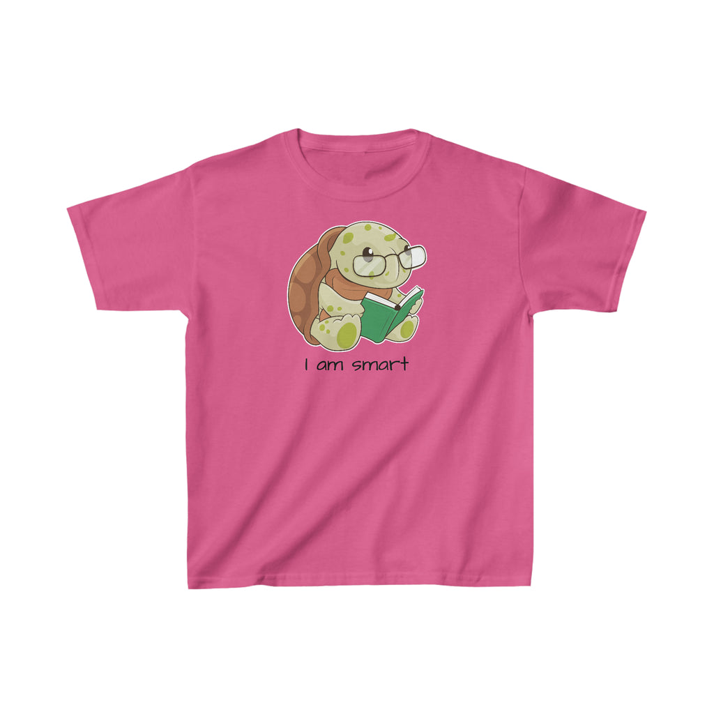 A short-sleeve pink shirt with a picture of a turtle that says I am smart.
