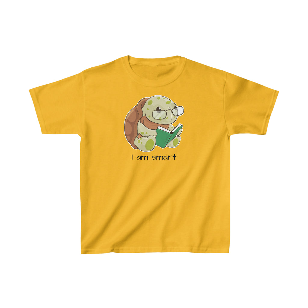 A short-sleeve golden yellow shirt with a picture of a turtle that says I am smart.
