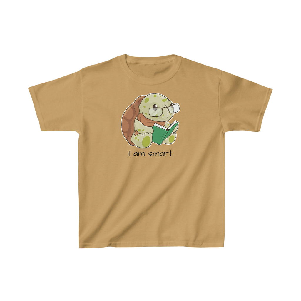A short-sleeve old gold shirt with a picture of a turtle that says I am smart.
