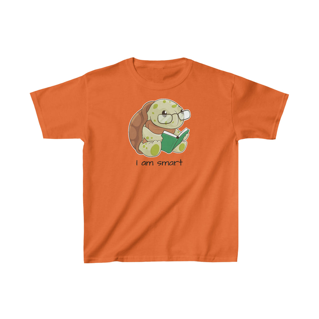 A short-sleeve orange shirt with a picture of a turtle that says I am smart.