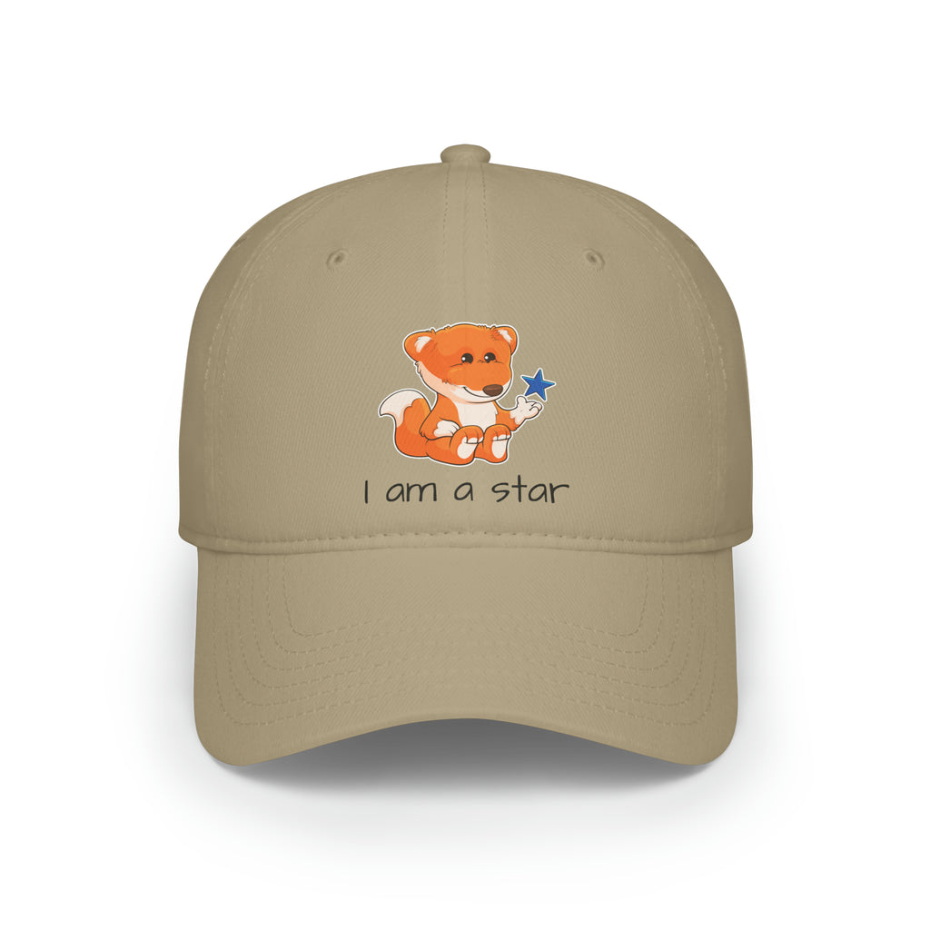 Front-view of a khaki baseball hat with a picture of a fox that says I am a star.