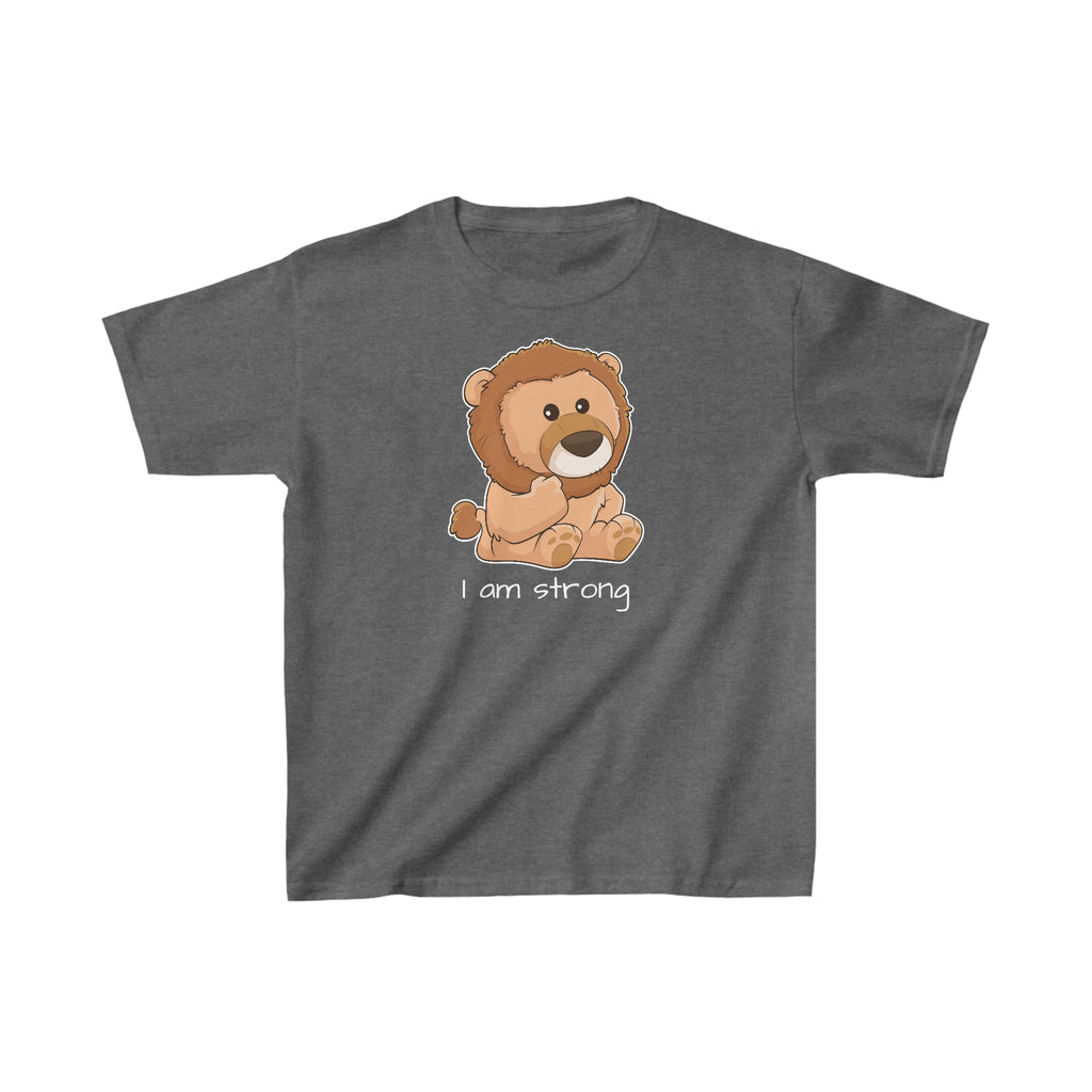 A short-sleeve dark grey shirt with a picture of a lion that says I am strong.