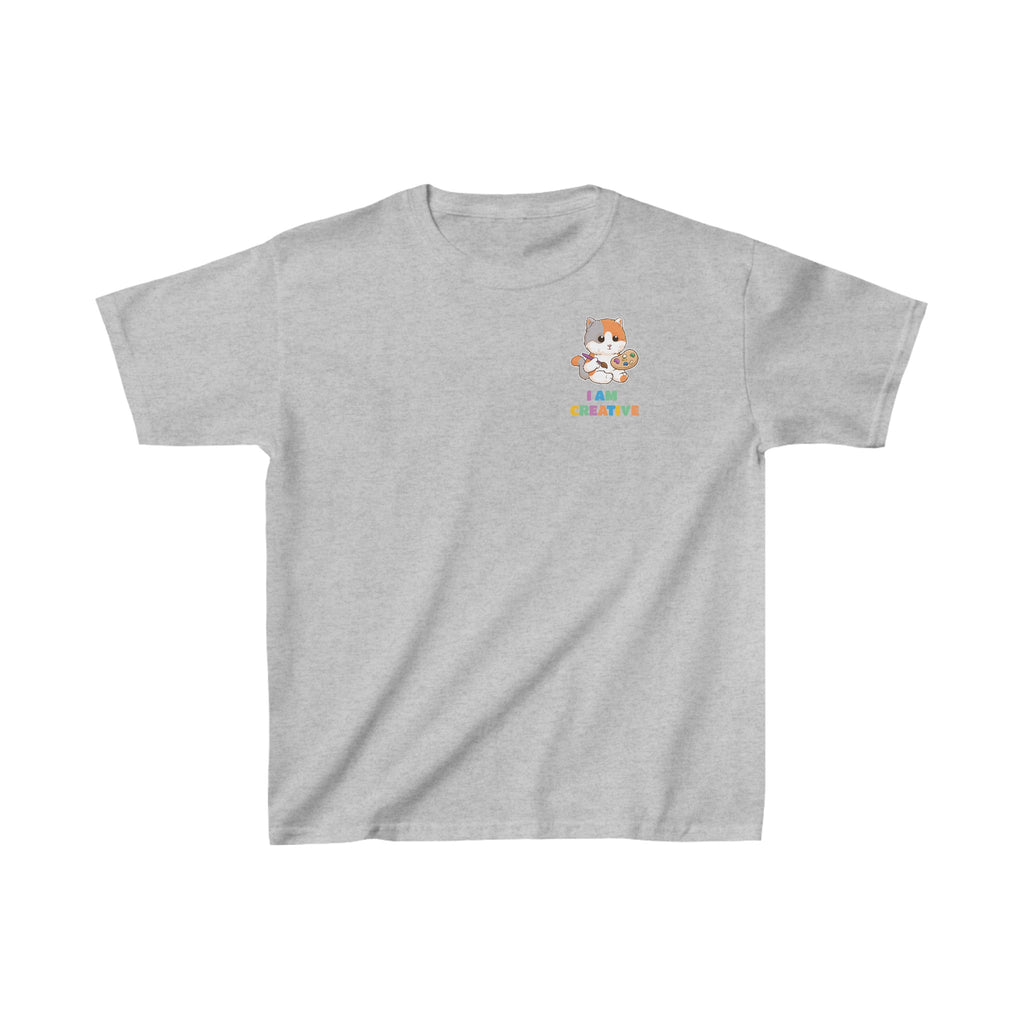 A short-sleeve grey shirt with a small picture on the left chest. The image is a cat with a multi-color phrase below it that says I am creative.