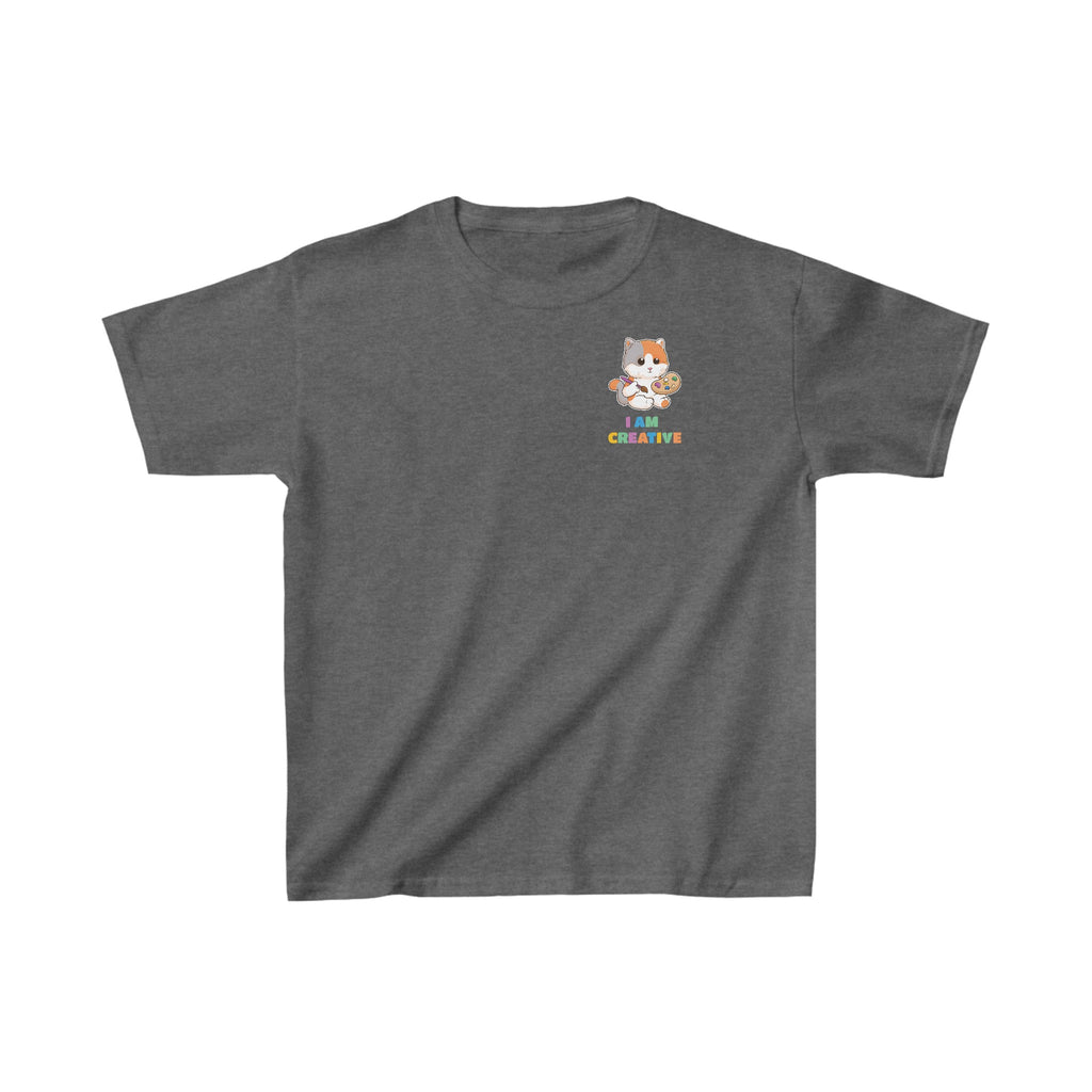 A short-sleeve dark grey shirt with a small picture on the left chest. The image is a cat with a multi-color phrase below it that says I am creative.
