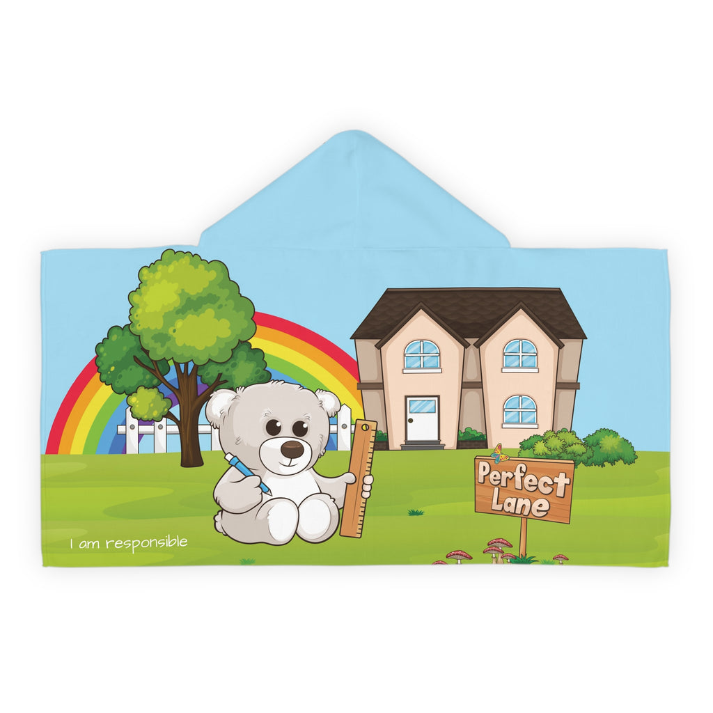 Back-view of a hooded towel with a scene of a bear sitting in the yard of its house, a rainbow in the background, and the phrase "I am responsible" along the bottom.