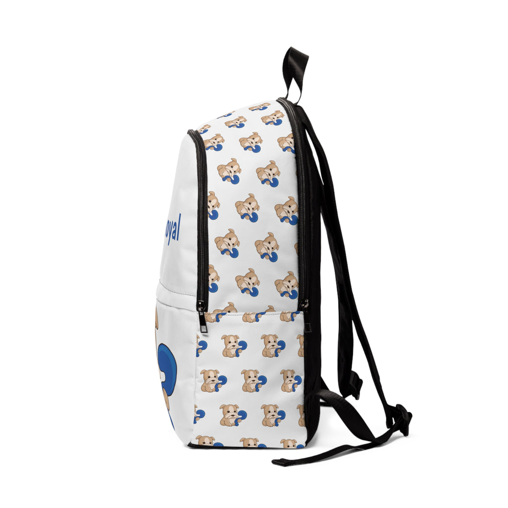Side-view of a white backpack with a repeating pattern of a dog on the sides. The bottom half of the front features a large dog and the top half says "I am loyal".