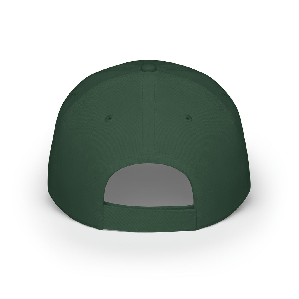Back-view of a dark green baseball hat with a velcro strap.
