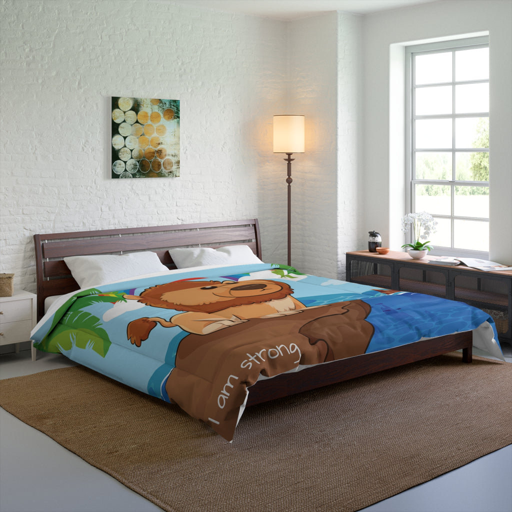 A 104 by 88 inch bed comforter with a scene of a lion standing on a cliff over the ocean, a rainbow in the background, and the phrase "I am strong" along the bottom. The comforter covers a queen-sized bed.