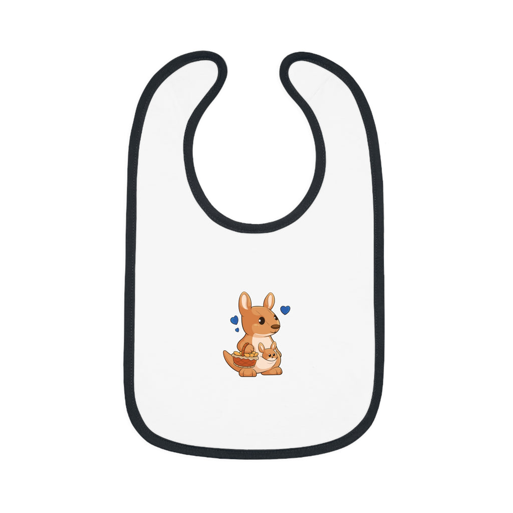 A white baby bib with black trim and a small picture of a kangaroo.