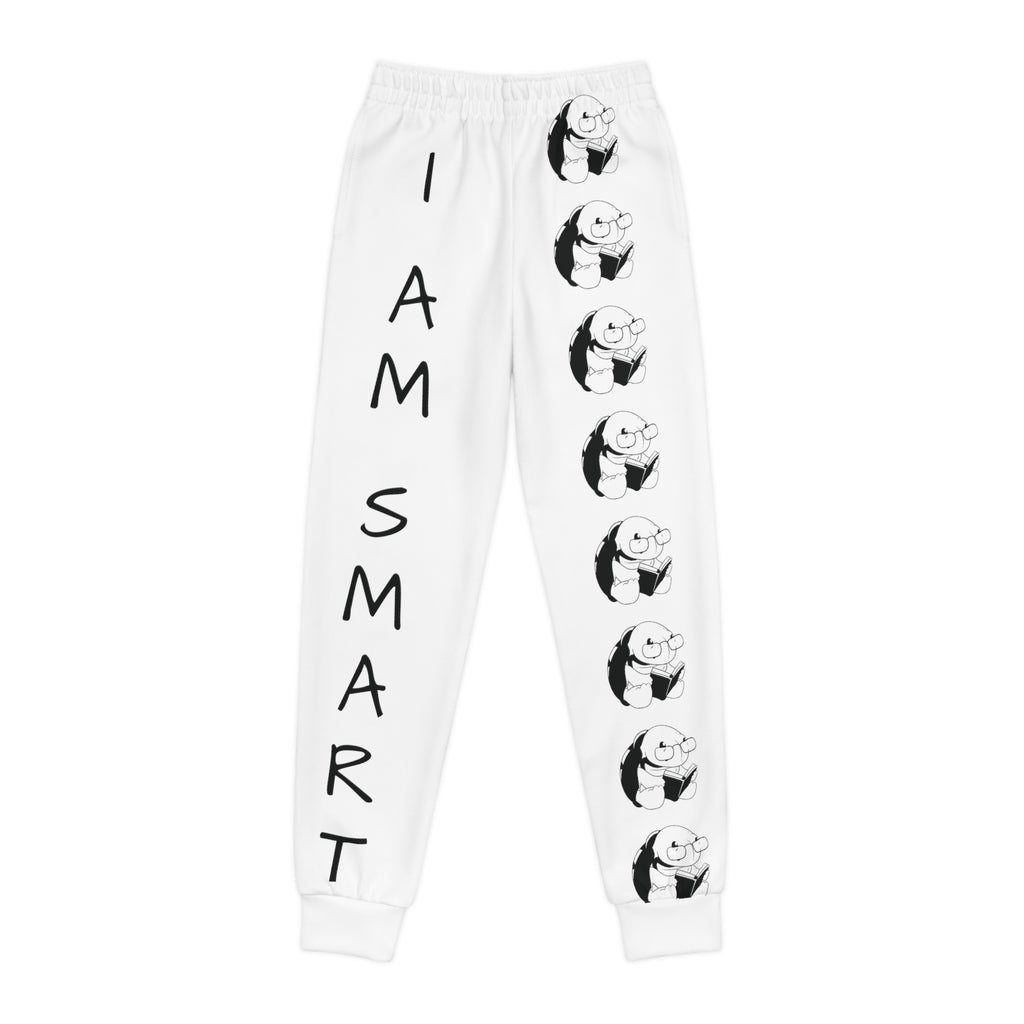White sweatpants with a line of black and white turtles down the front left leg and the phrase "I am smart" down the front right leg.
