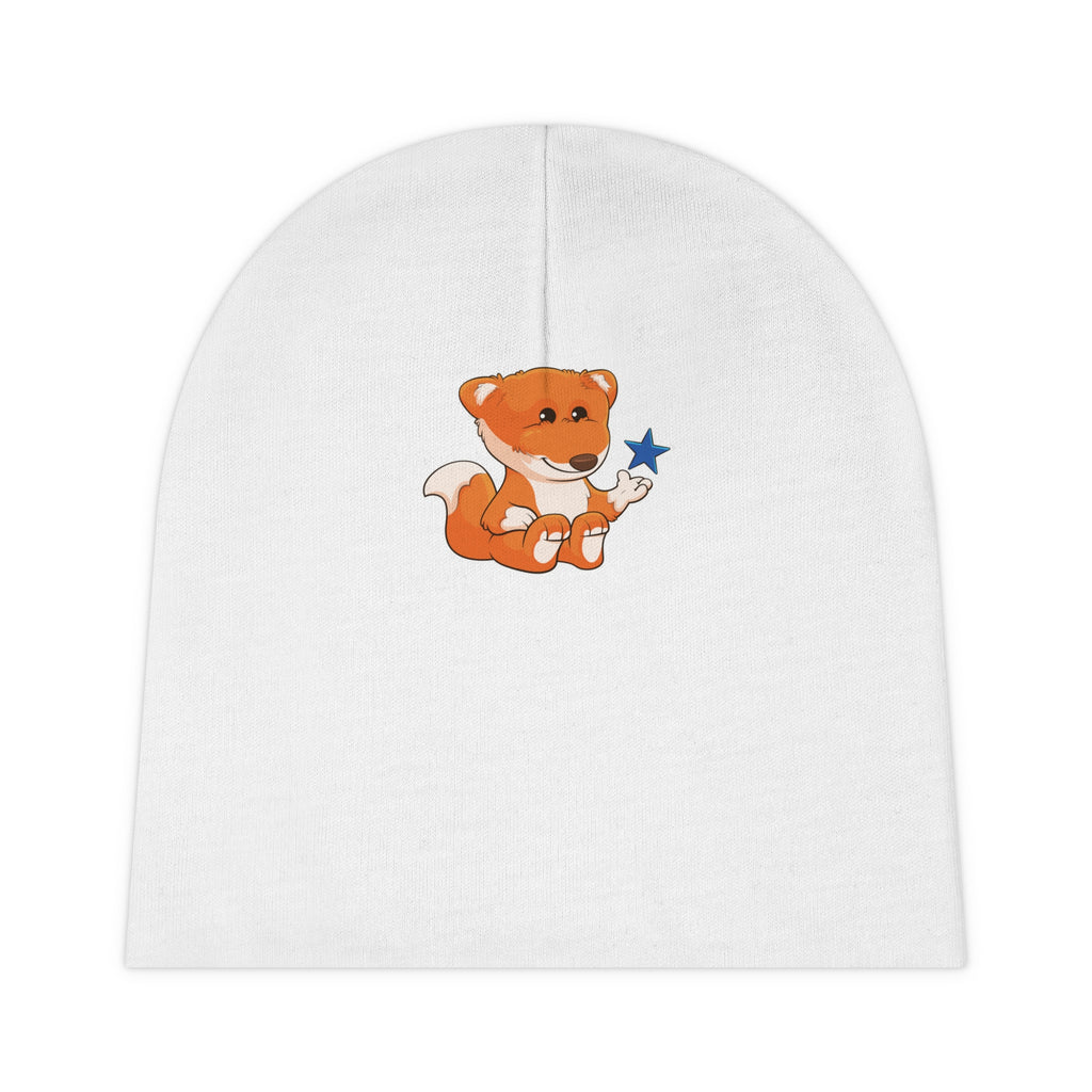 A white baby beanie with a small picture of a fox.