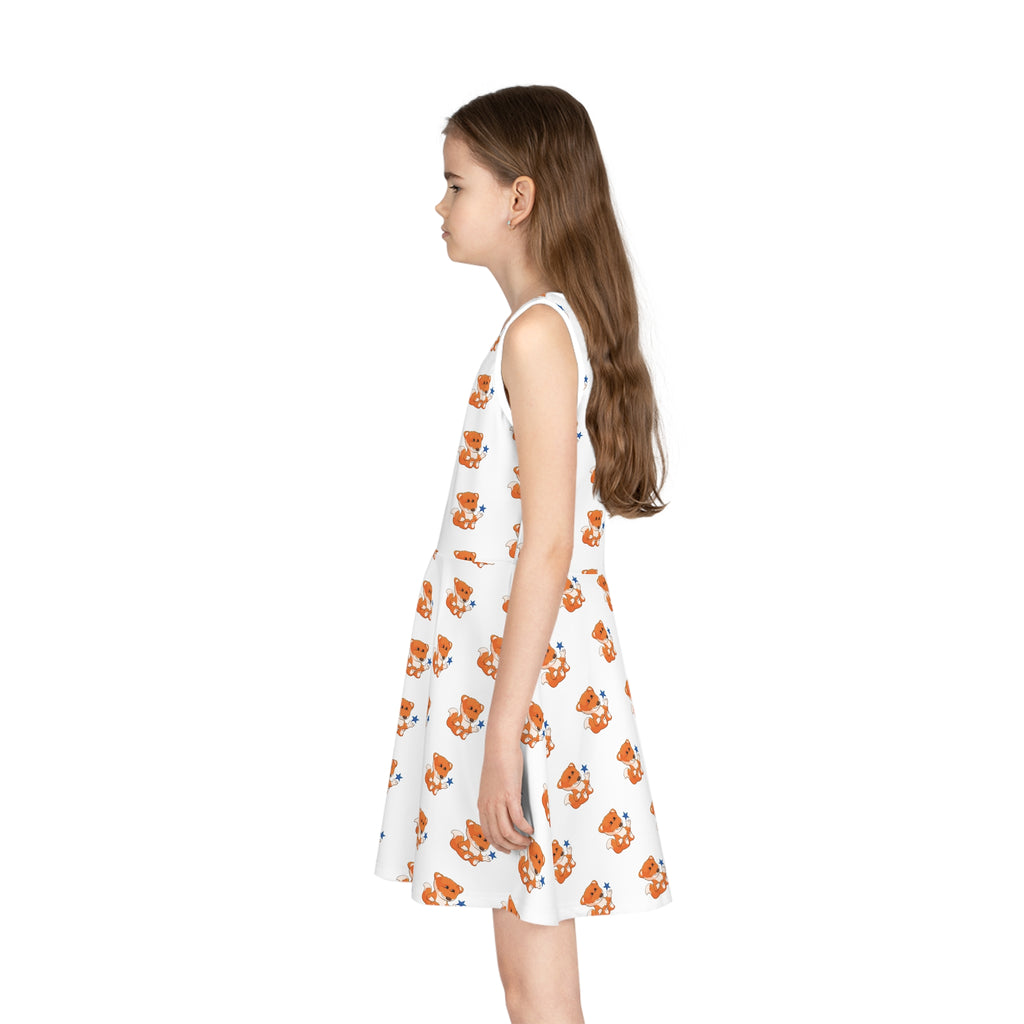 Left side-view of a girl wearing a sleeveless white dress with a repeating pattern of a fox.