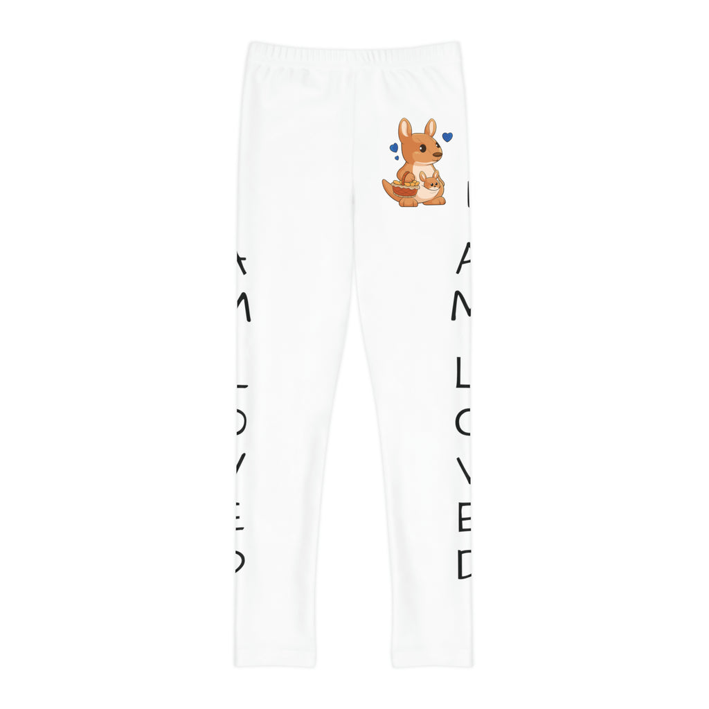 White leggings with a picture of a kangaroo on the front left waist and the phrase "I am loved" read top to bottom on the side of each leg.