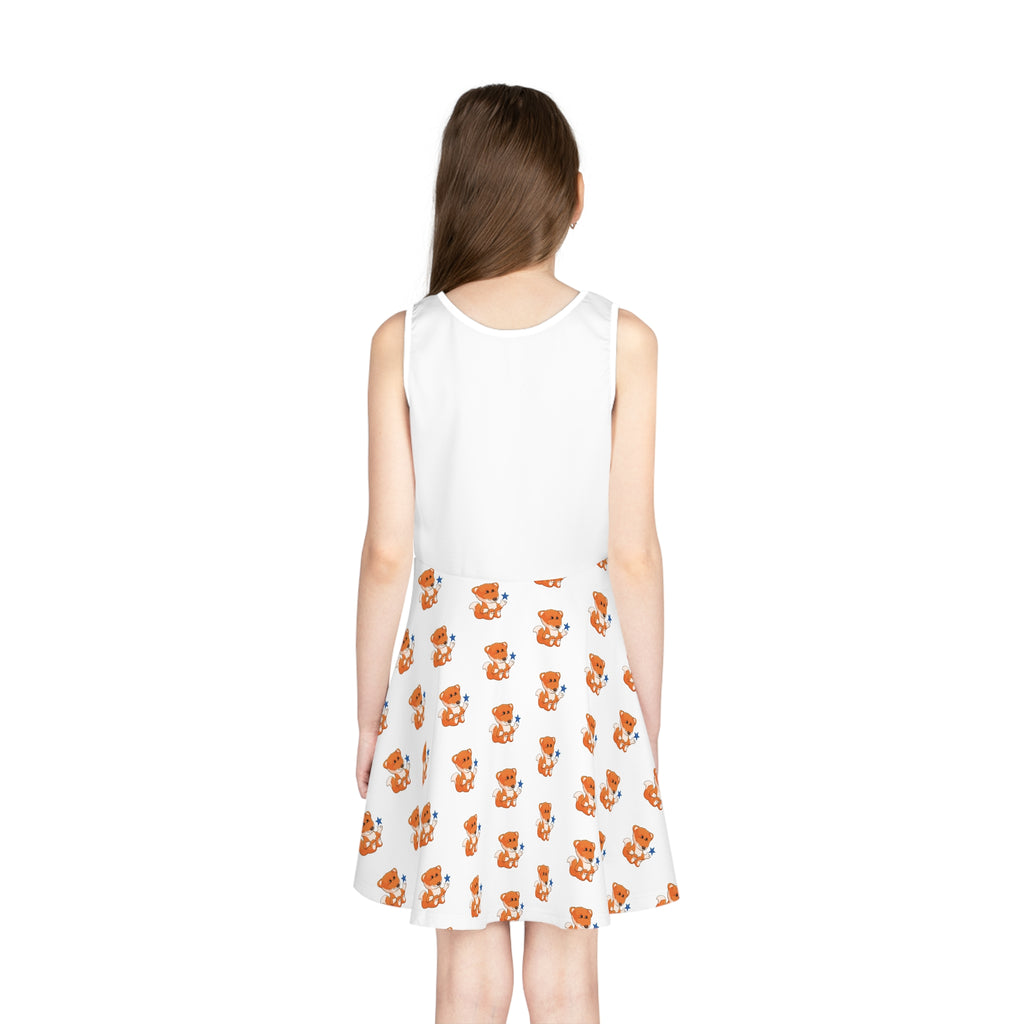 Back-view of a girl wearing a sleeveless white dress with a white top and a repeating pattern of a fox on the skirt.