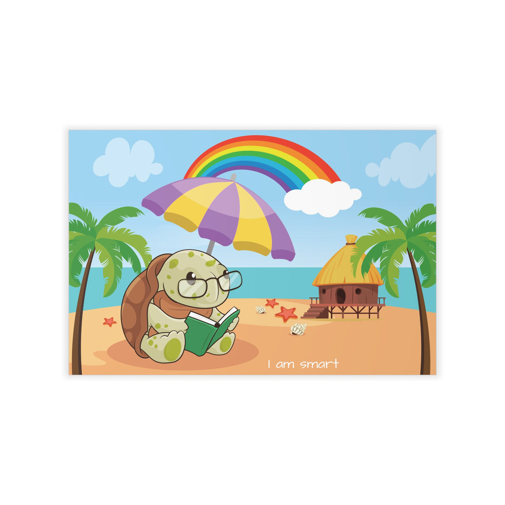 A wall decal that has a scene of a turtle reading a book under an umbrella on the beach, a rainbow in the background, and the phrase "I am smart" along the bottom.