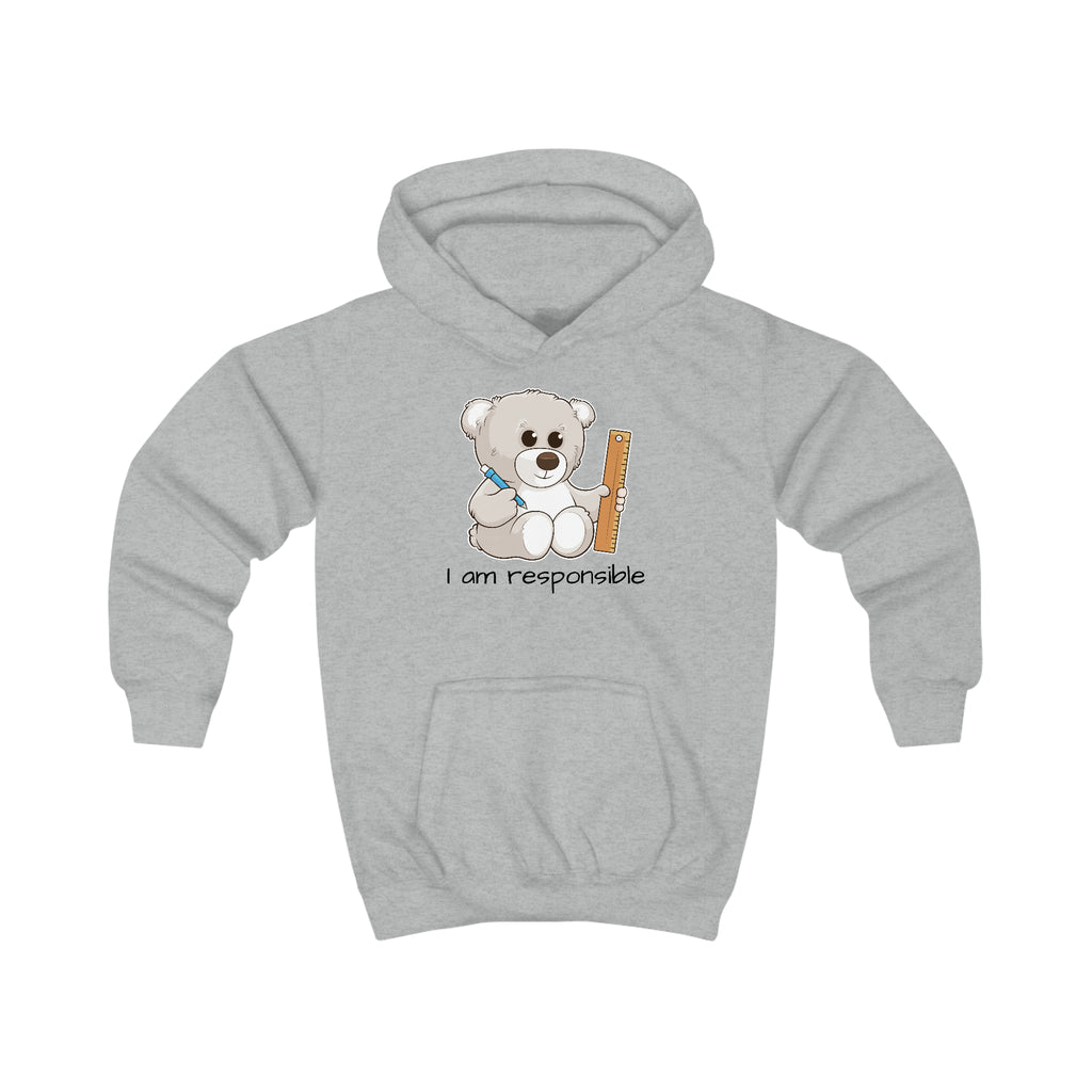 A heather grey hoodie with a picture of a bear that says I am responsible.