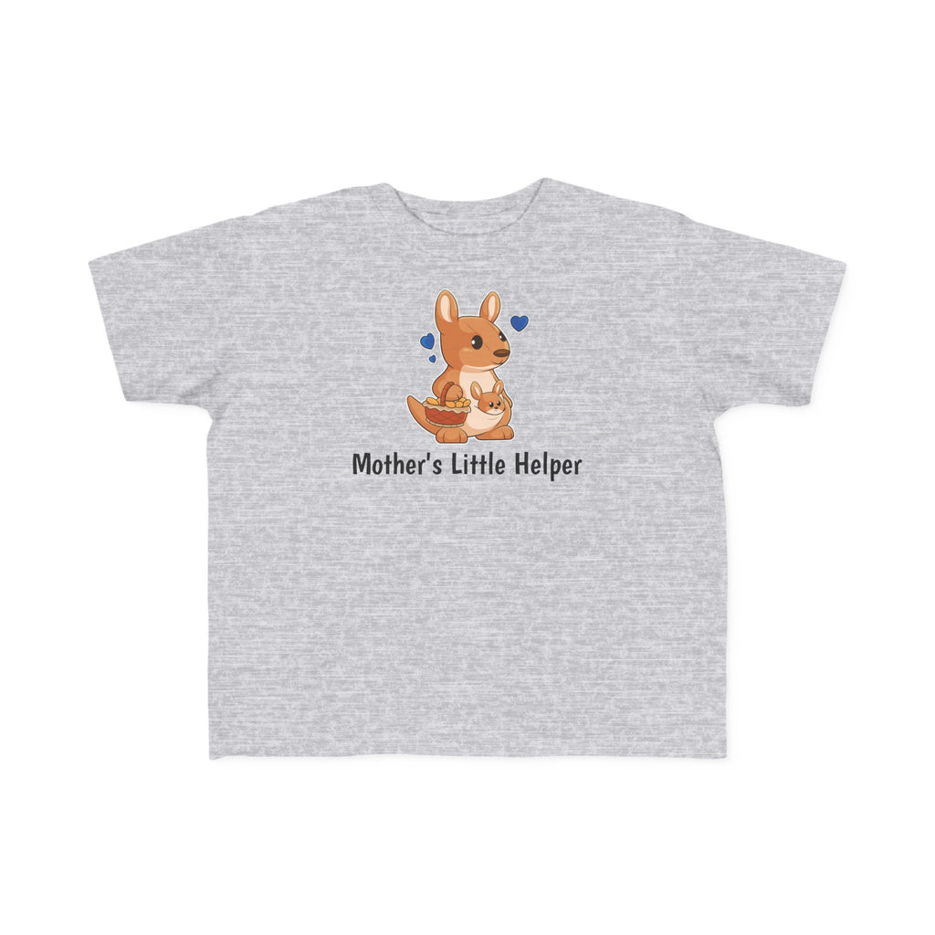 A short-sleeve heather grey shirt with a picture of a kangaroo that says Mother's Little Helper.