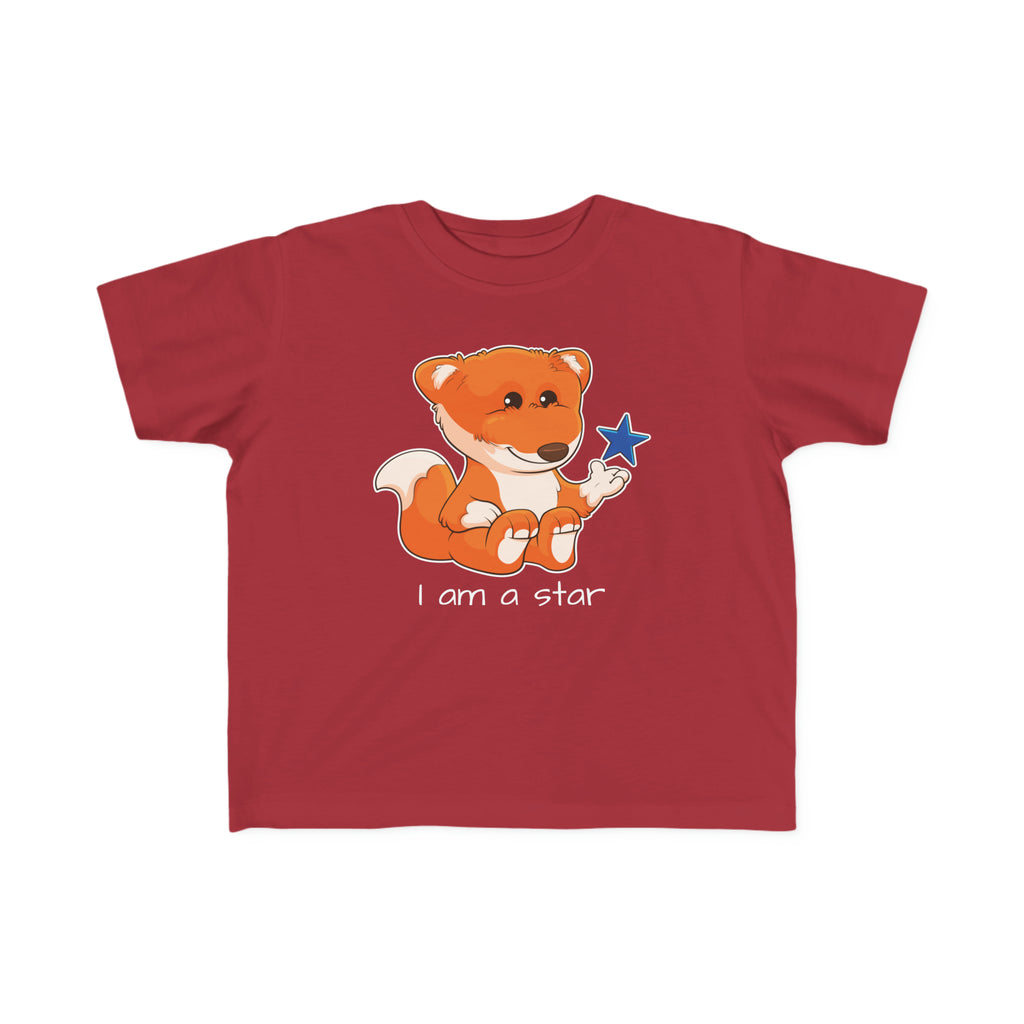 A short-sleeve garnet red shirt with a picture of a fox that says I am a star.