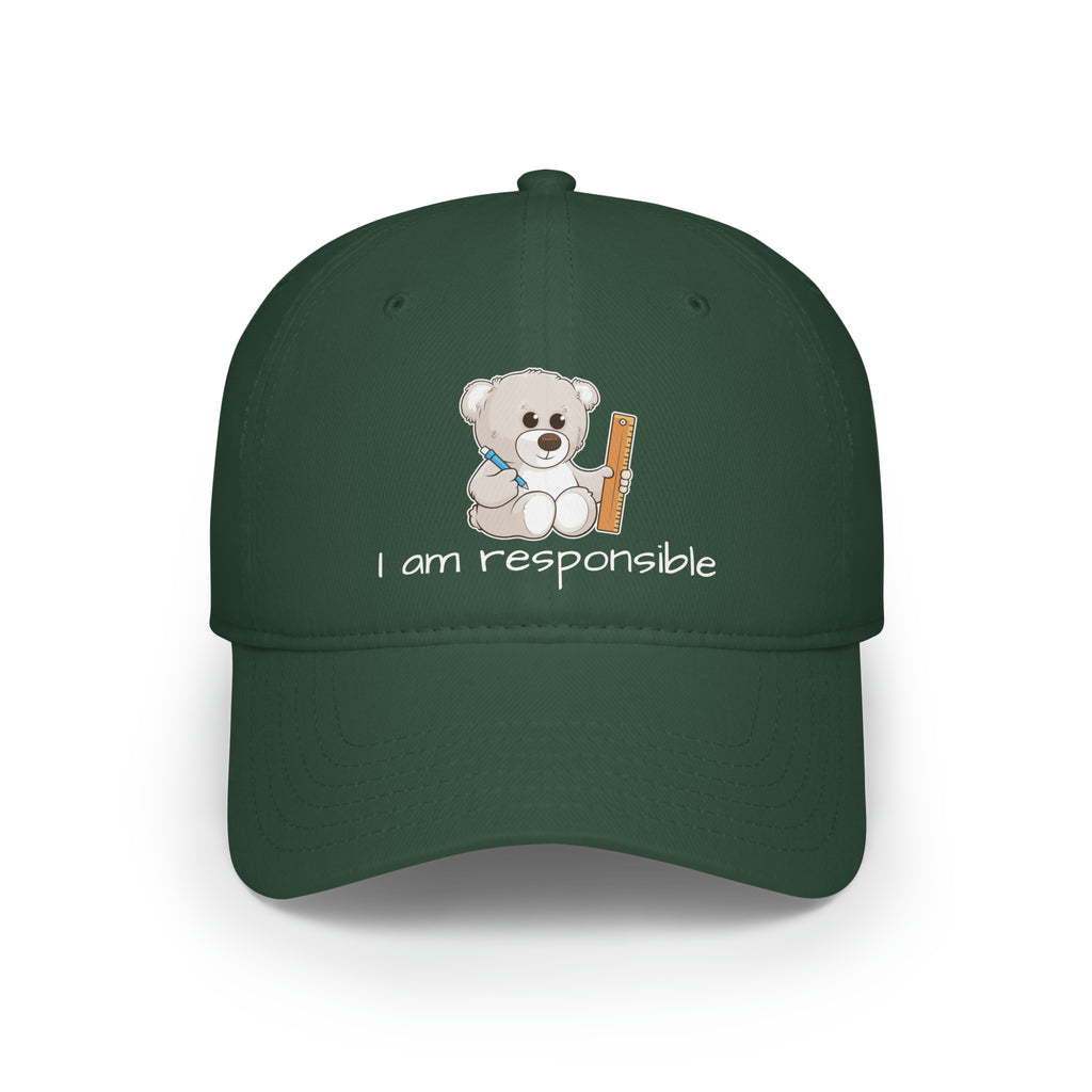 Front-view of a dark green baseball hat with a picture of a bear that says I am responsible.