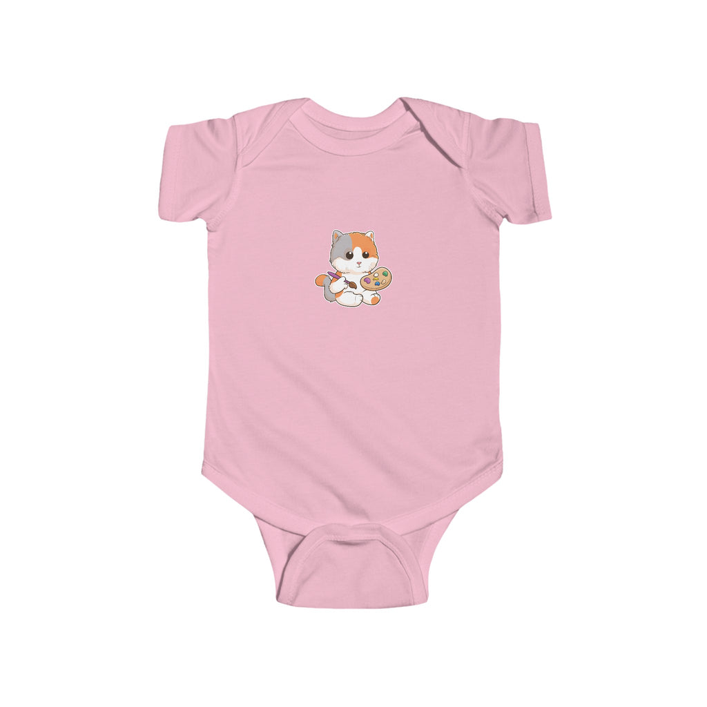A light pink baby onesie with a picture of a cat.
