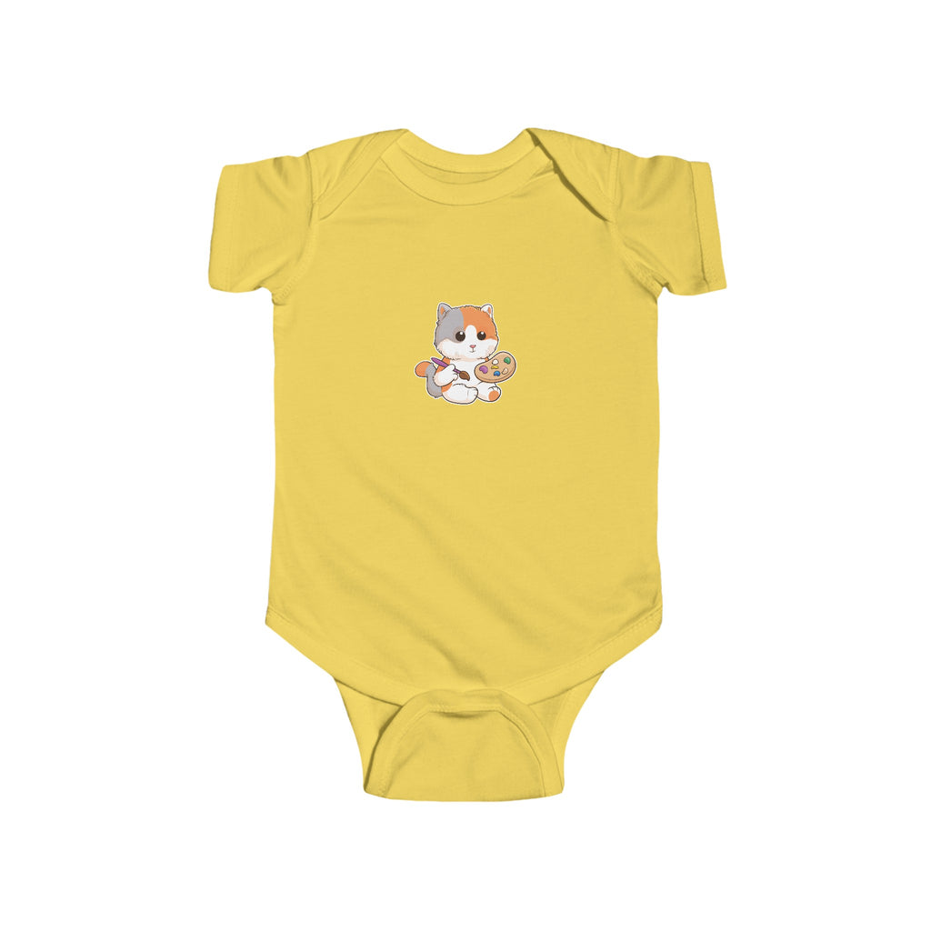 A yellow baby onesie with a picture of a cat.