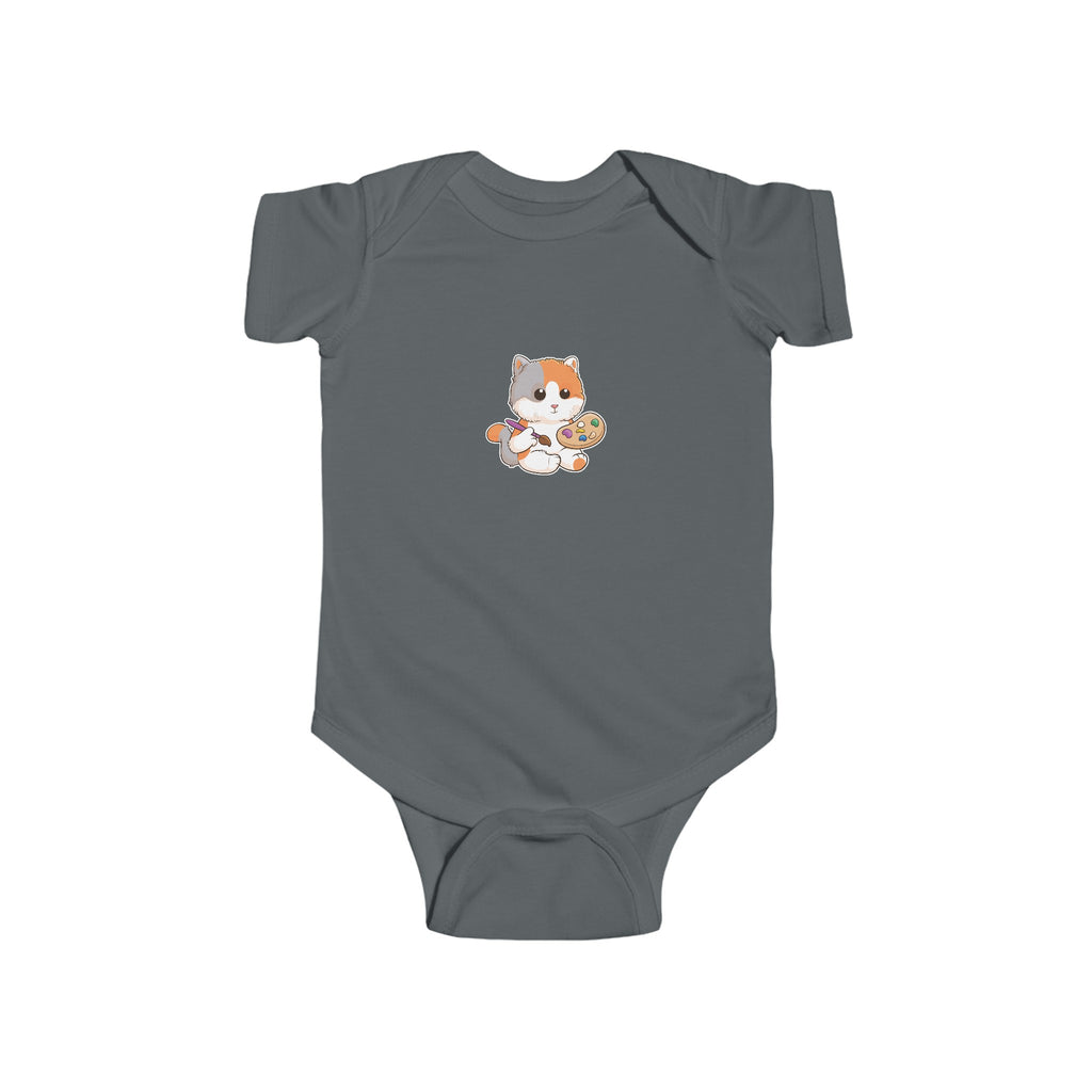 A charcoal grey baby onesie with a picture of a cat.