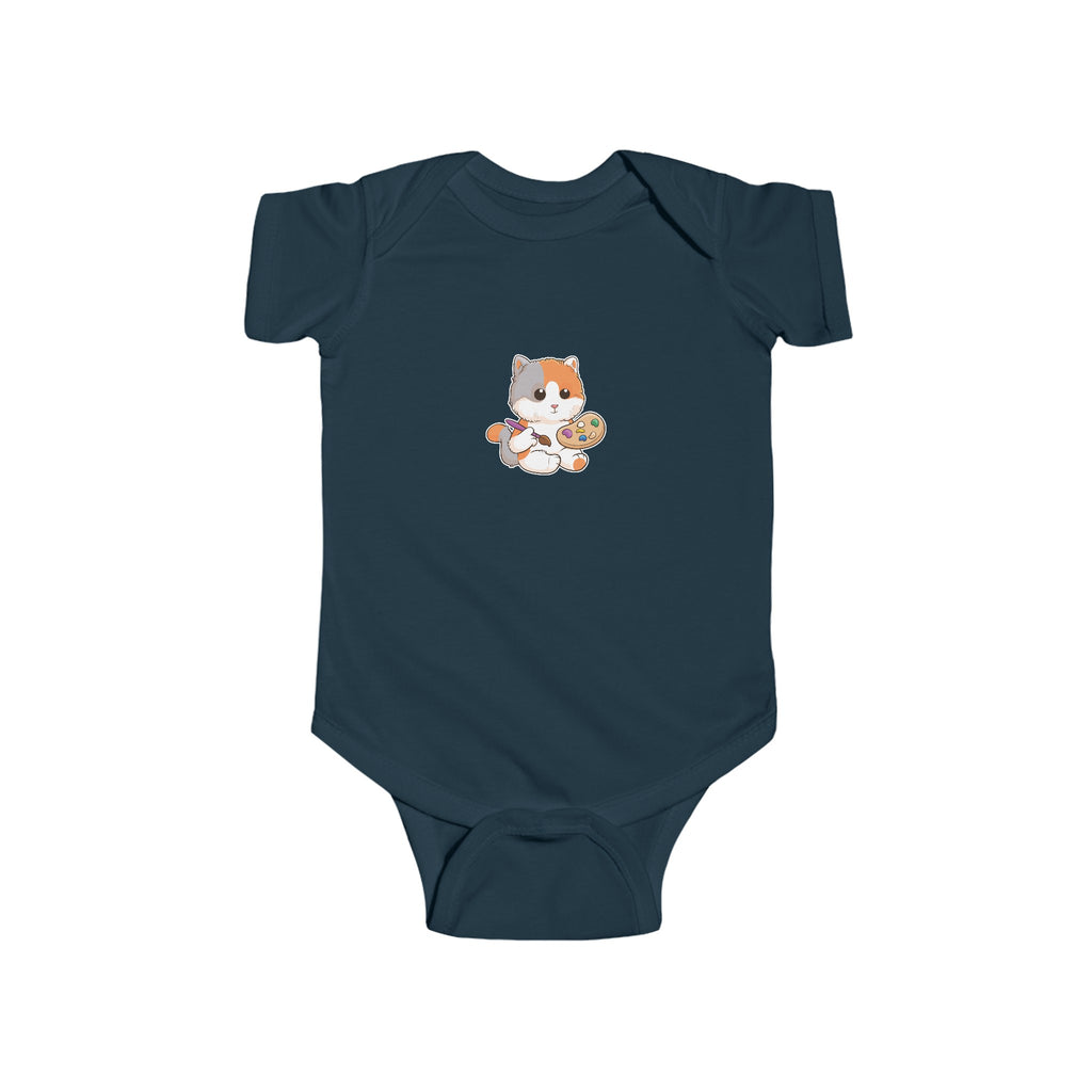 A navy blue baby onesie with a picture of a cat.
