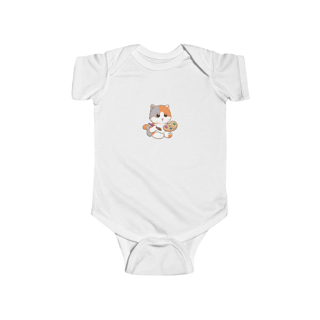 A white baby onesie with a picture of a cat.