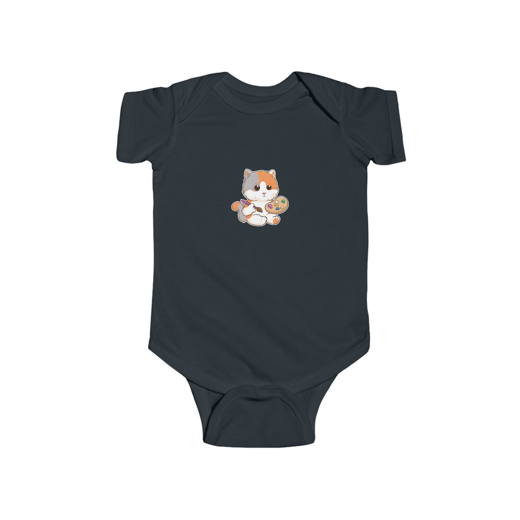 A black baby onesie with a picture of a cat.