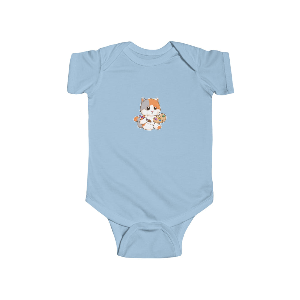 A light blue baby onesie with a picture of a cat.