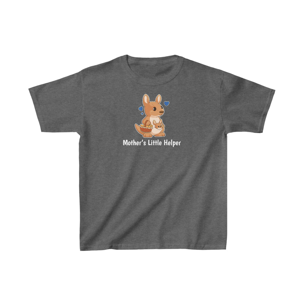 A short-sleeve dark grey shirt with a picture of a kangaroo that says Mother's Little Helper.