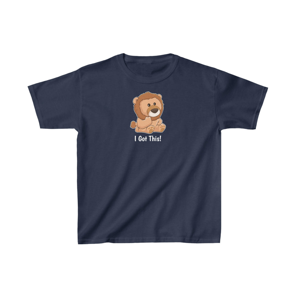A short-sleeve navy blue shirt with a picture of a lion that says I Got This.