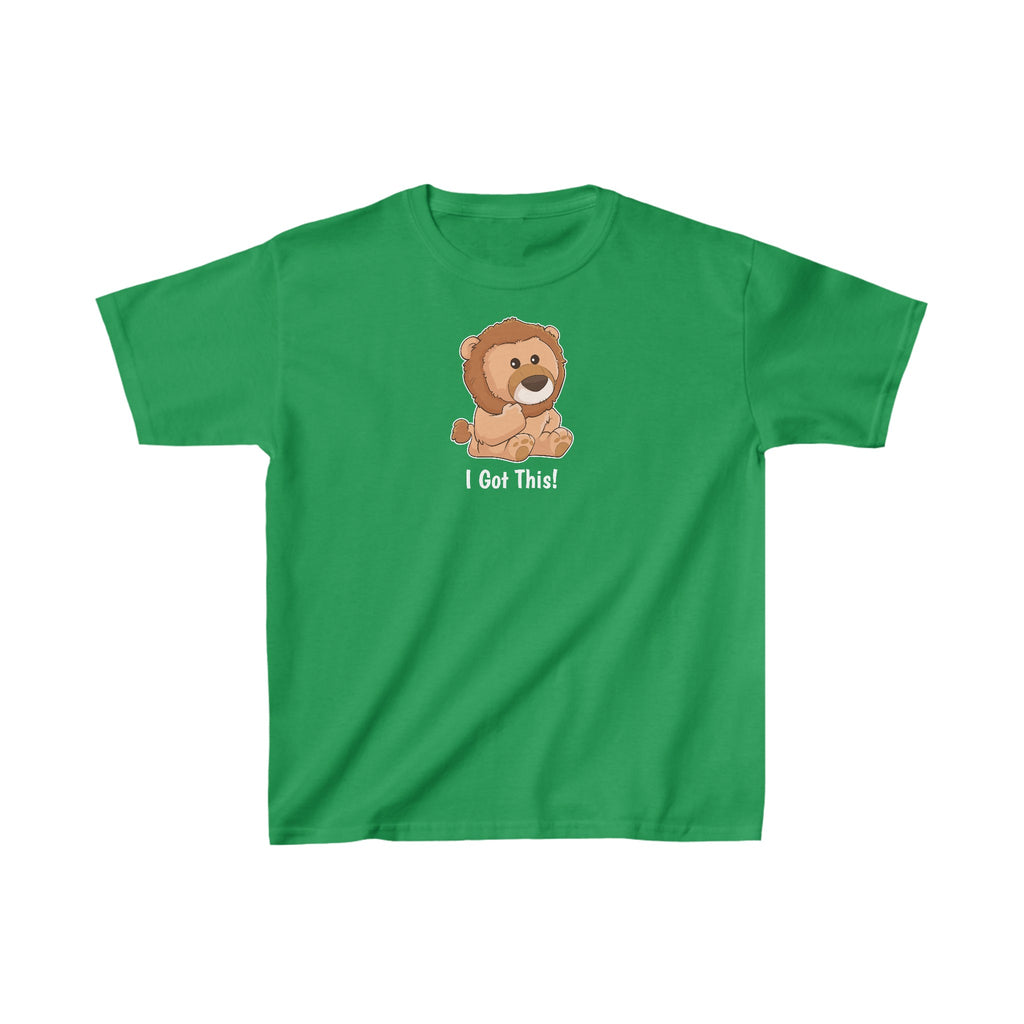 A short-sleeve green shirt with a picture of a lion that says I Got This.