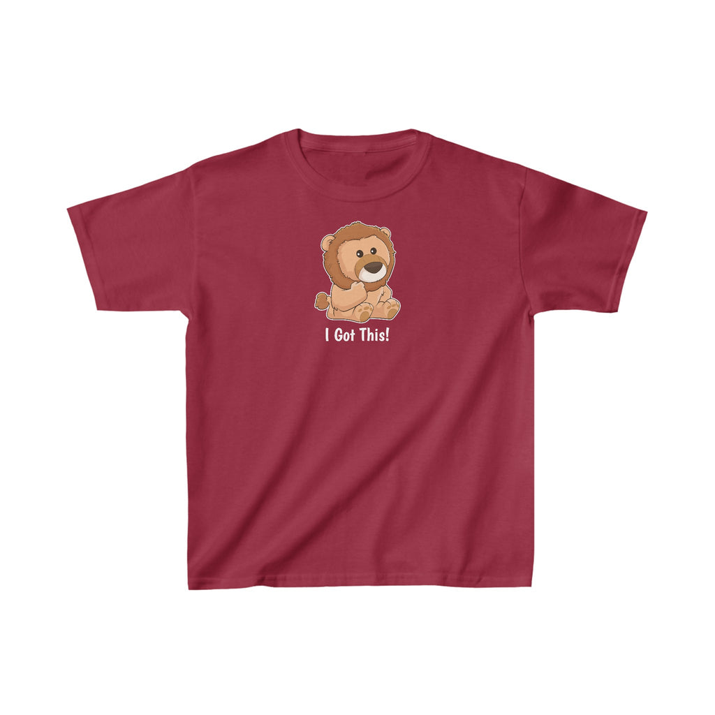 A short-sleeve cardinal red shirt with a picture of a lion that says I Got This.