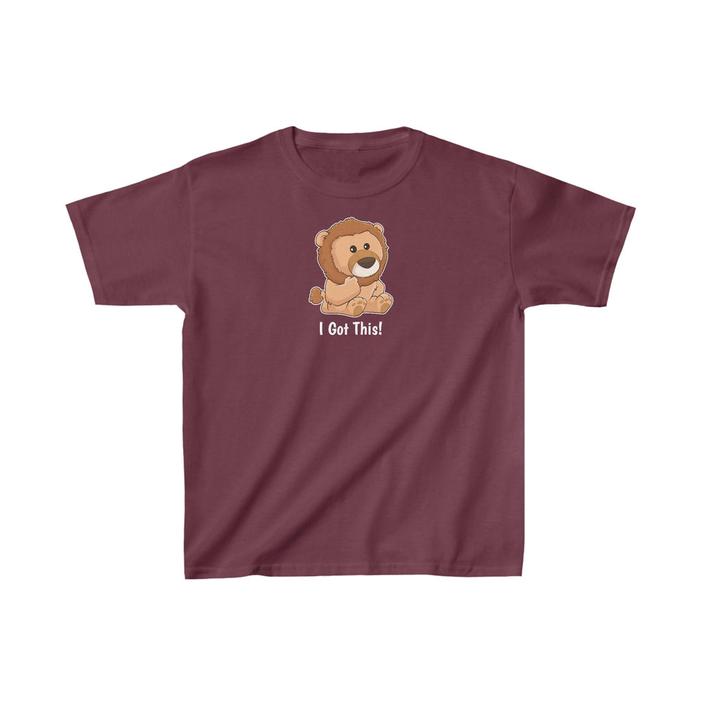 A short-sleeve maroon shirt with a picture of a lion that says I Got This.