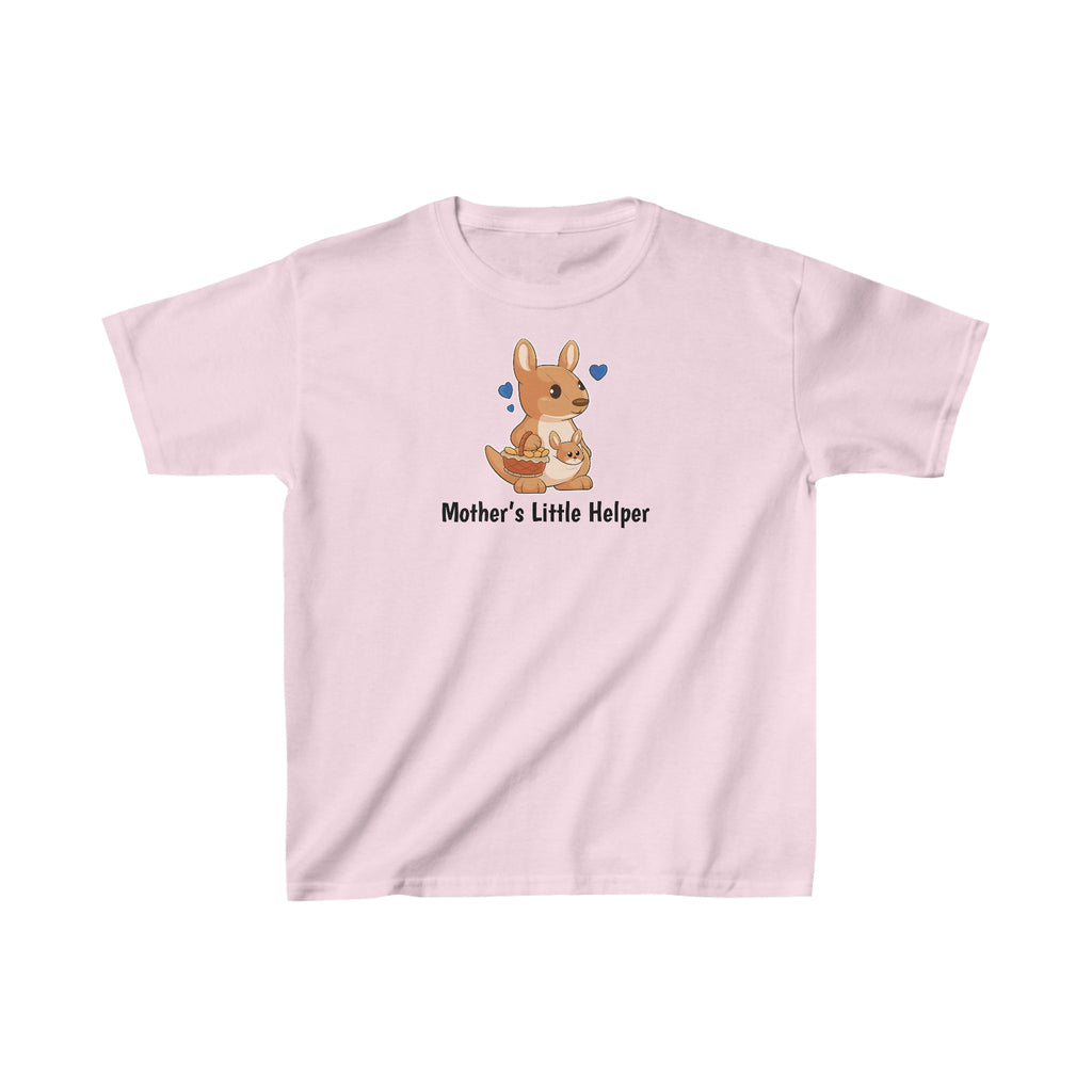 A short-sleeve light pink shirt with a picture of a kangaroo that says Mother's Little Helper.