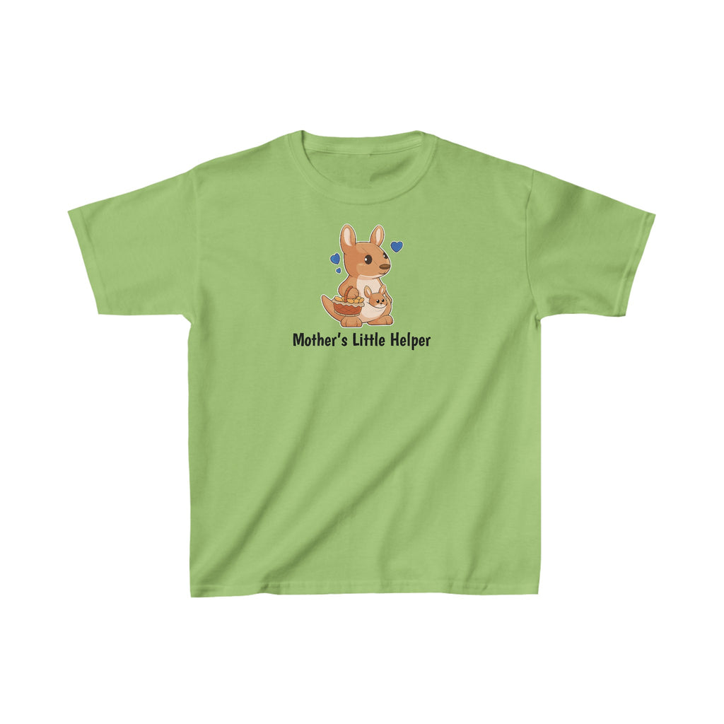 A short-sleeve lime green shirt with a picture of a kangaroo that says Mother's Little Helper.