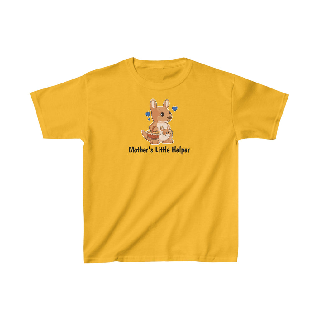 A short-sleeve golden yellow shirt with a picture of a kangaroo that says Mother's Little Helper.