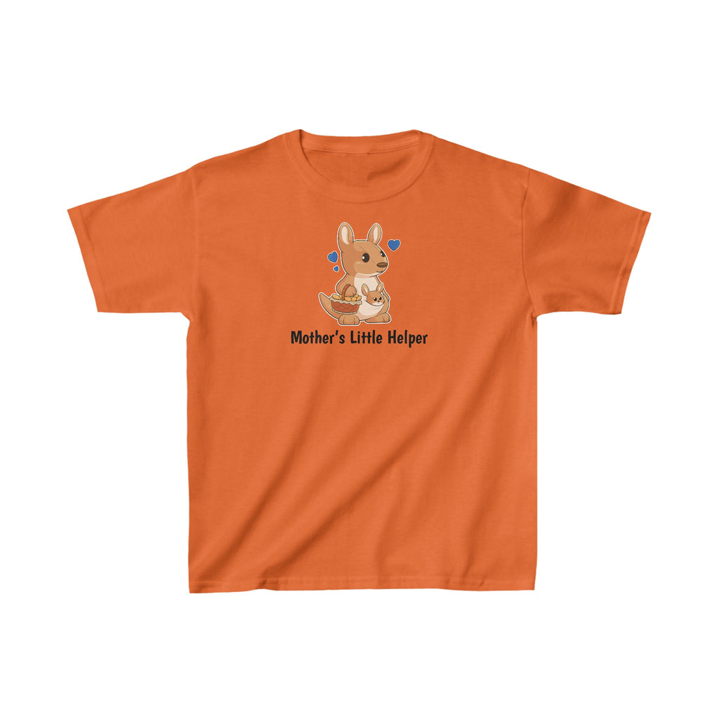 A short-sleeve orange shirt with a picture of a kangaroo that says Mother's Little Helper.