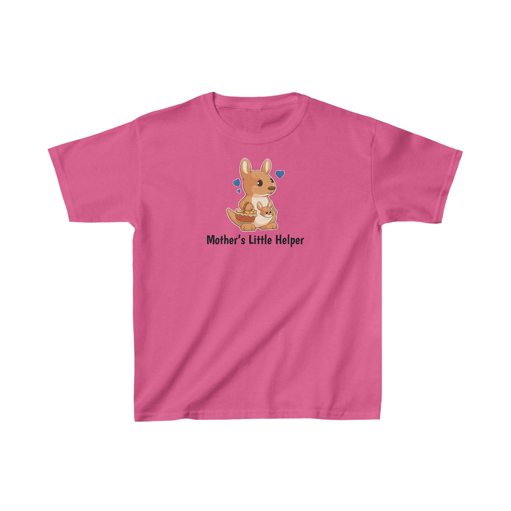 A short-sleeve pink shirt with a picture of a kangaroo that says Mother's Little Helper.